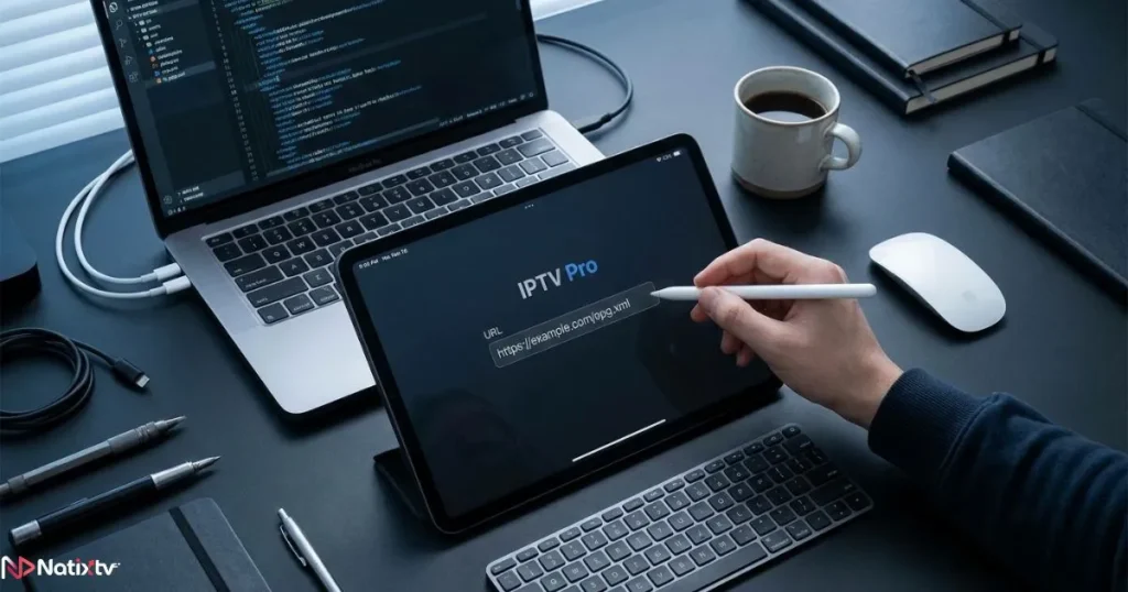 IPTV player EPG setup with XMLTV URL configuration on a tablet and laptop