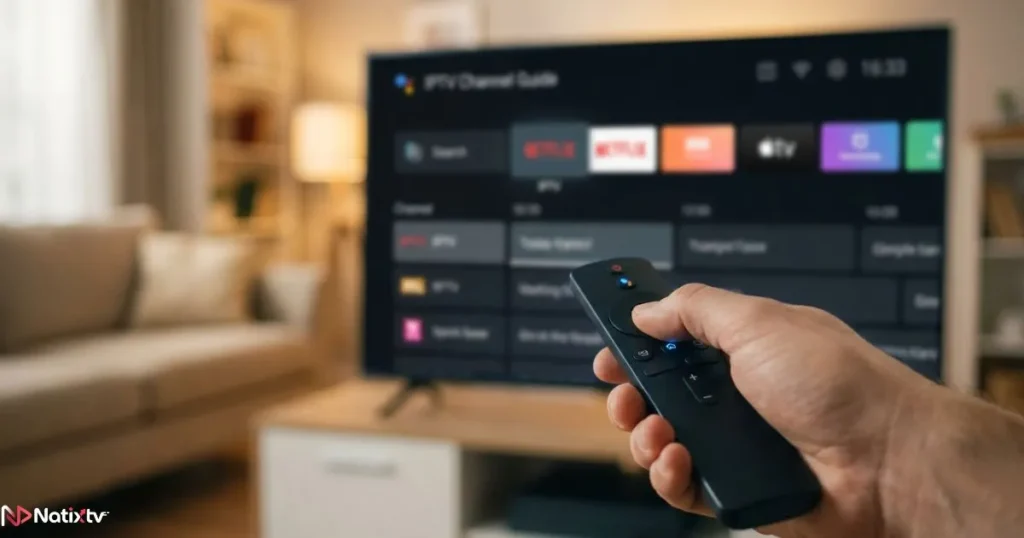 Setting up a premium IPTV USA subscription with an EPG guide on a smart TV screen