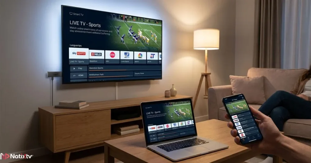 IPTV player interface on Firestick, Smart TV, and Android app