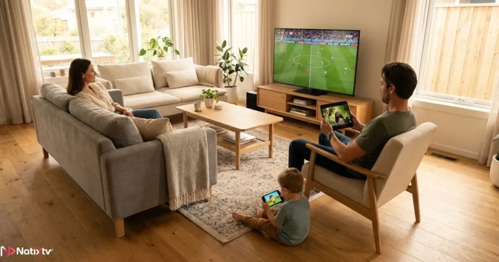 Premium IPTV service streaming on multiple devices simultaneously in a bright family home