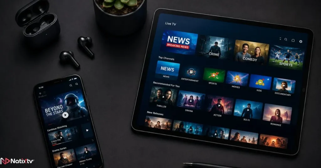 IPTV subscription free trial on multiple devices including tablet and smartphone