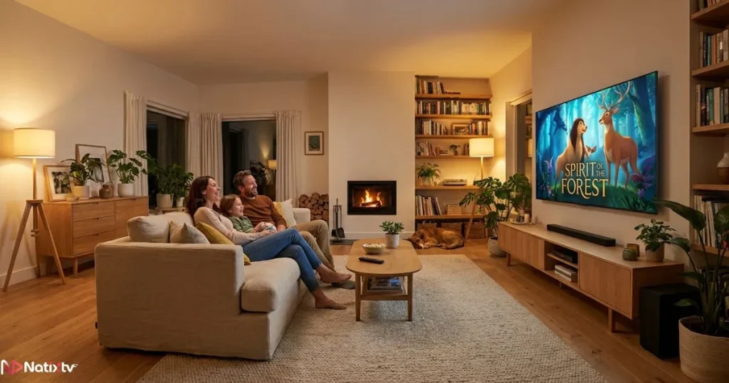 Premium IPTV subscription enjoyed by a family on a Smart TV with crystal-clear 4K channels