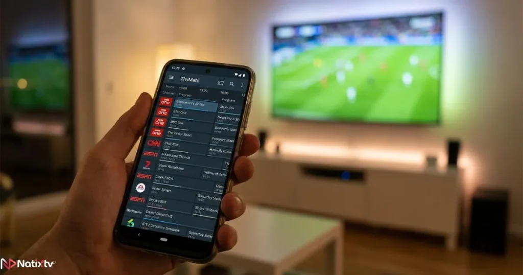 IPTV apps with EPG support shown on a smartphone next to a smart TV