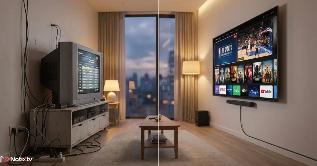 Comparison between traditional cable television and modern IPTV service streaming on a smart TV