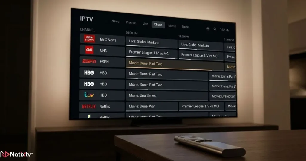 IPTV streaming guide with a live IPTV channel guide displayed on a modern television
