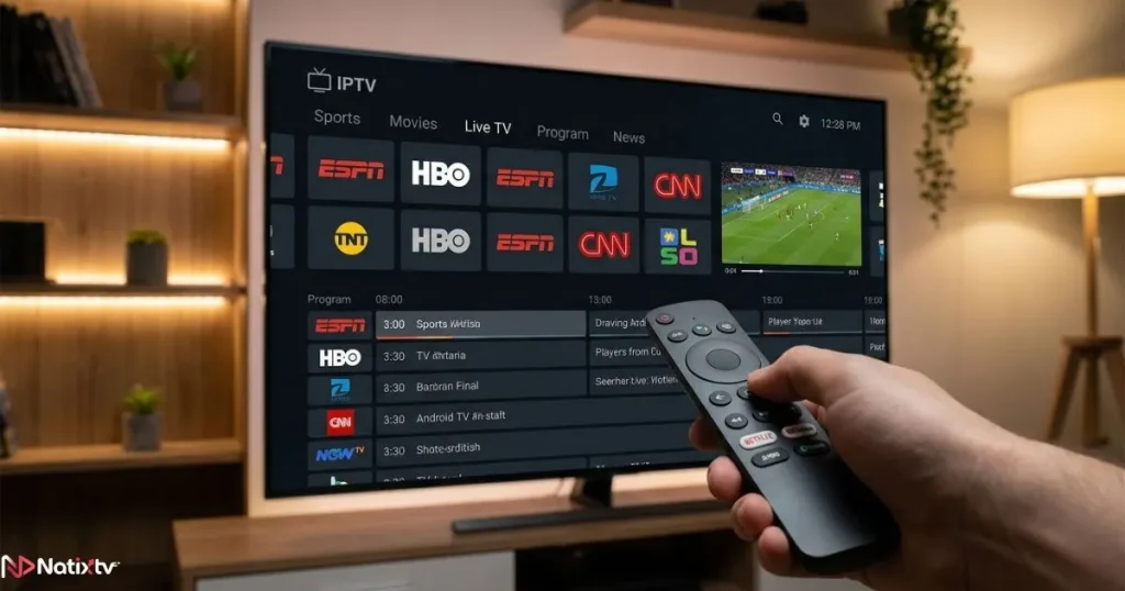 Android IPTV player running live TV channels on a modern Android TV setup