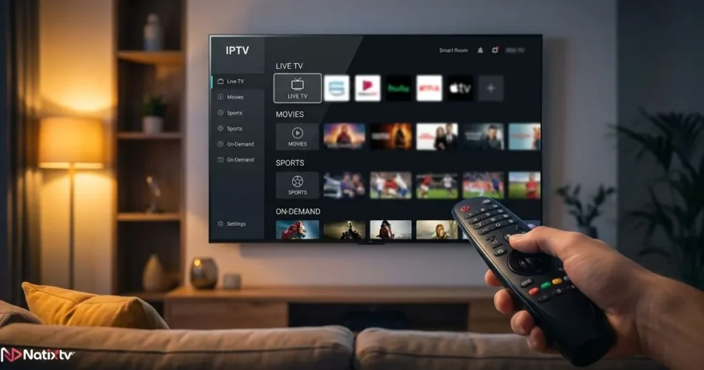 Smart TV IPTV interface with live channels and on-demand content displayed on a modern television