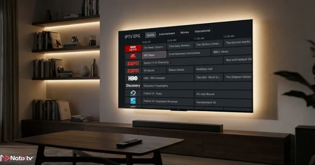 Smart TV IPTV setup using an IPTV EPG guide with a complete IPTV live TV schedule