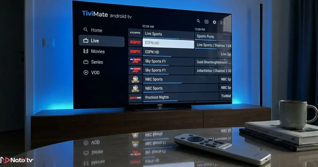 TiviMate Android interface shown on a premium IPTV app for Android TV