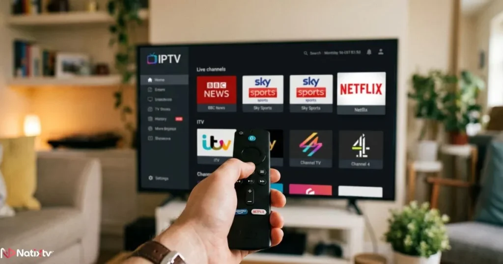 Using IPTV apps UK on a Firestick remote to browse live channels on a Smart TV
