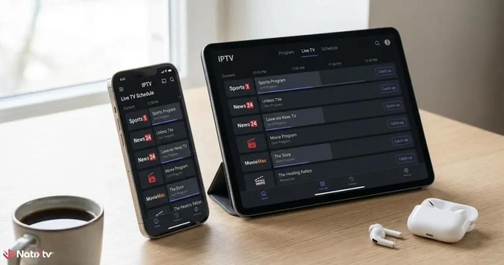 IPTV apps on mobile devices showing an IPTV live TV schedule and IPTV channel lineup