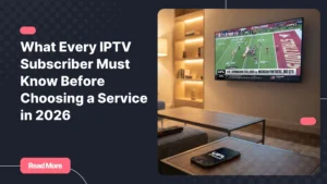 An IPTV subscriber watching live sports on a smart TV in a modern living room