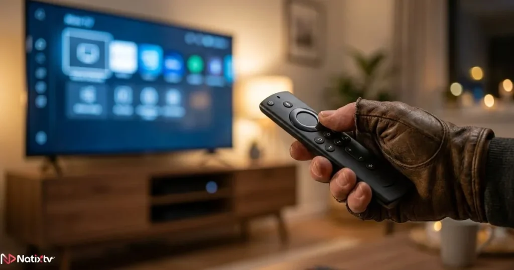 Hand holding a Firestick device next to a 4K TV for IPTV Firestick setup Hand holding a Firestick device next to a 4K TV for IPTV Firestick setup