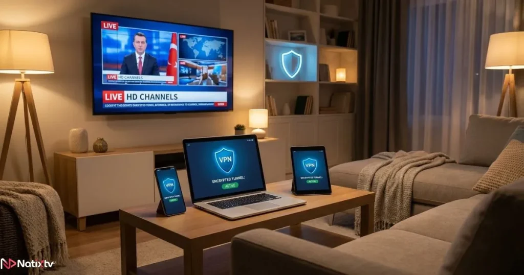 Secure IPTV connection with an IPTV VPN protecting streaming traffic across multiple devices