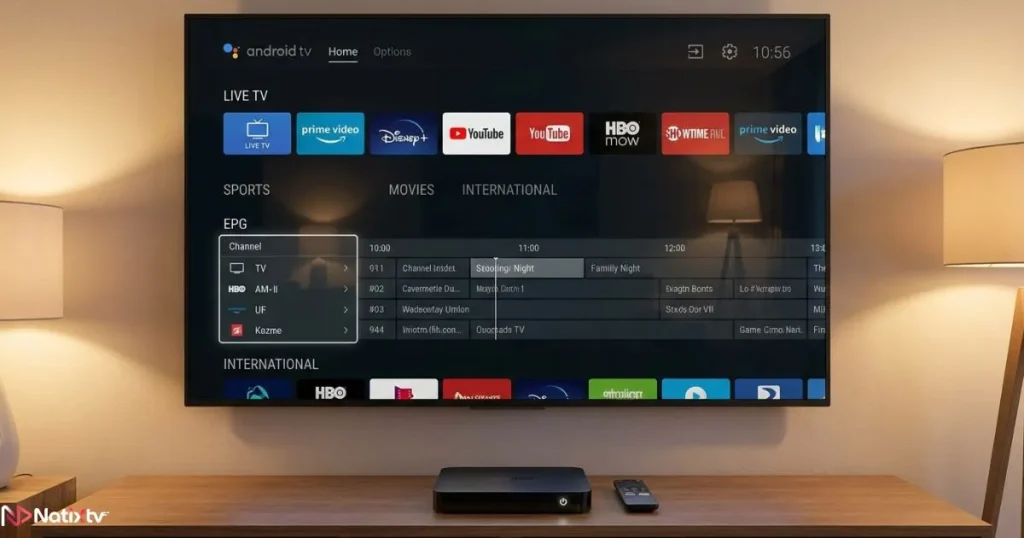 IPTV app for Android running on a modern smart TV with live channels and guide