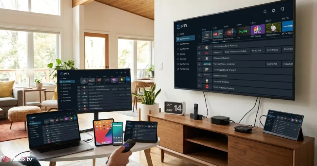 Devices compatible with IPTV Streaming including smart TVs, phones, tablets, and laptops.