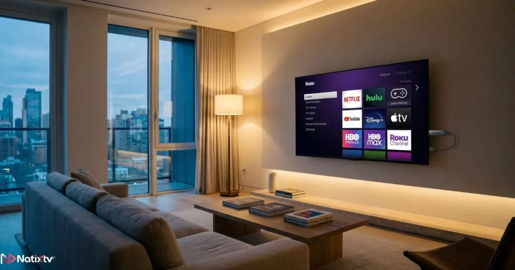 Roku TV IPTV setup displayed on a modern living room television screen