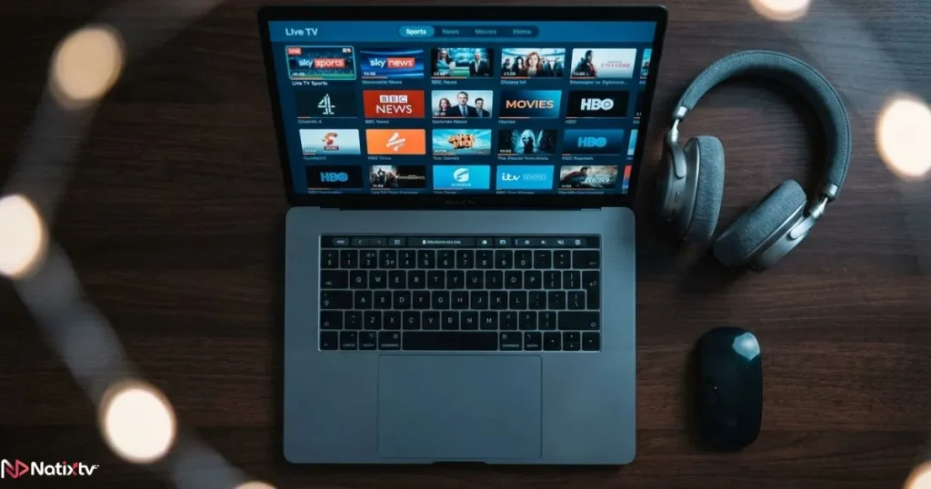 macOS IPTV player interface displayed on a MacBook with accessories on a dark desk