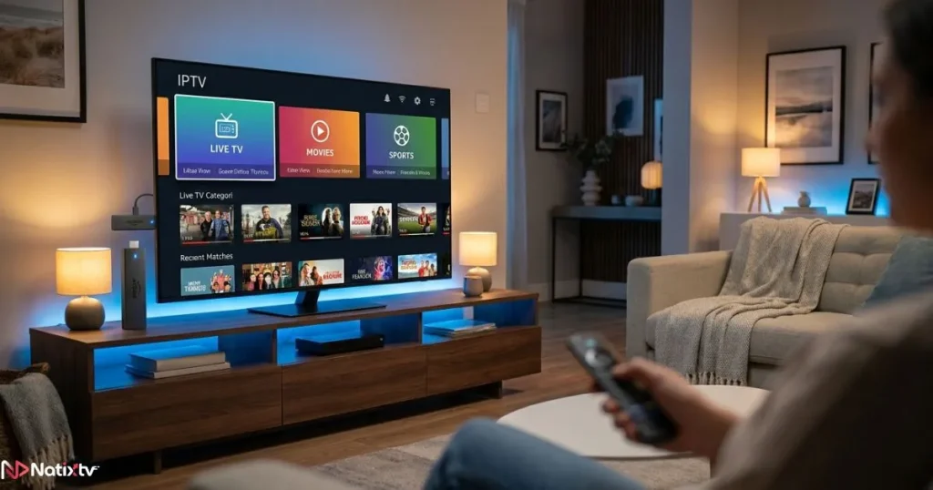 Amazon Fire TV setup using an iptv player for firestick in a modern living room