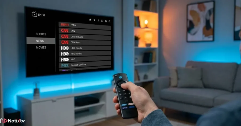 User navigating an IPTV app for Firestick on a wall-mounted smart TV