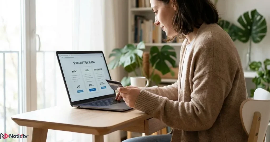 A customer comparing IPTV subscription plans and pricing on a laptop