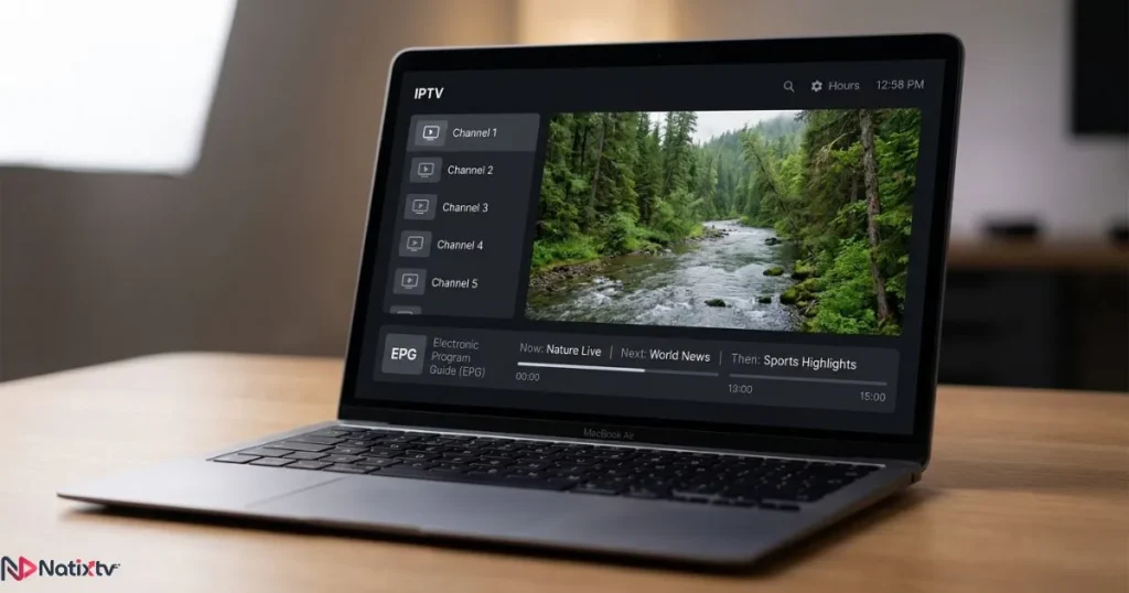 IPTV Smarters Pro Mac showing a live TV stream and EPG on a MacBook Air screen