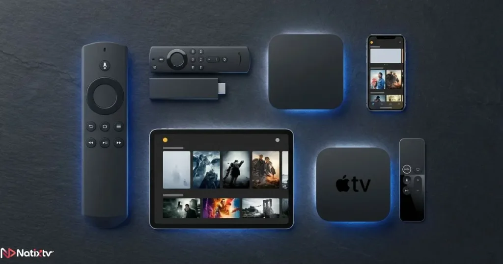 IPTV streaming compatible devices including Smart TV Firestick and mobile apps
