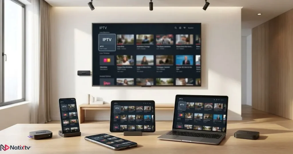 IPTV subscription service compatible with Smart TVs, mobile devices, and streaming boxes
