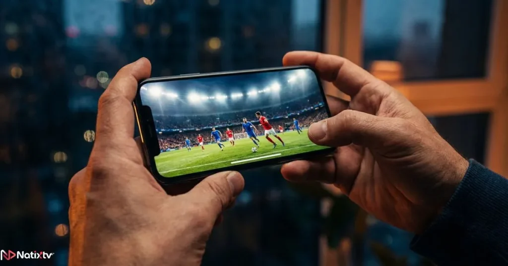 A premium IPTV stream of a live football match playing on a smartphone in HD