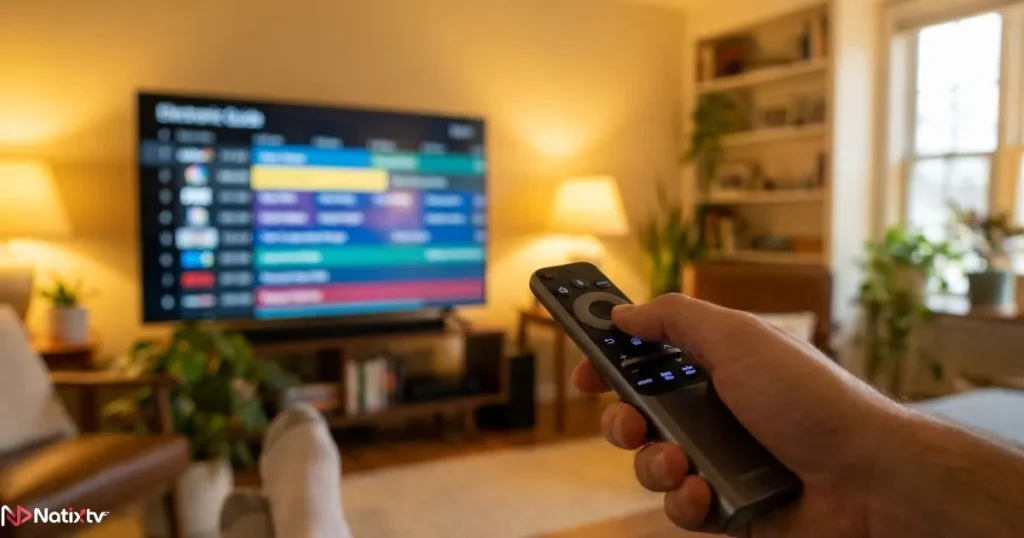 Premium IPTV USA service with full electronic program guide displayed on a living room TV