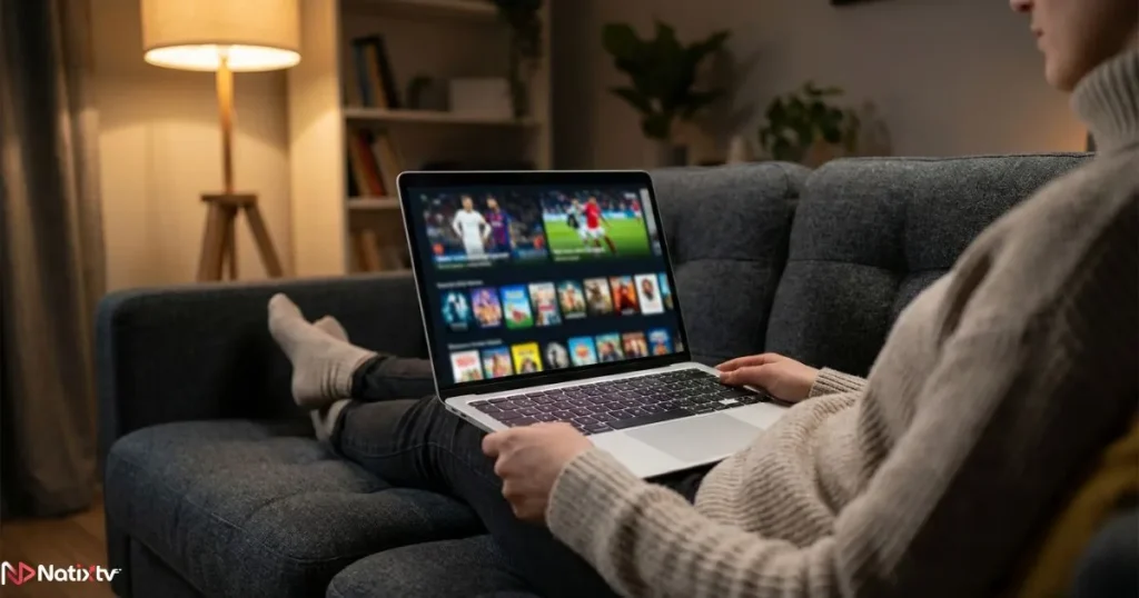 IPTV app for Mac used on a laptop while streaming live content from the sofa