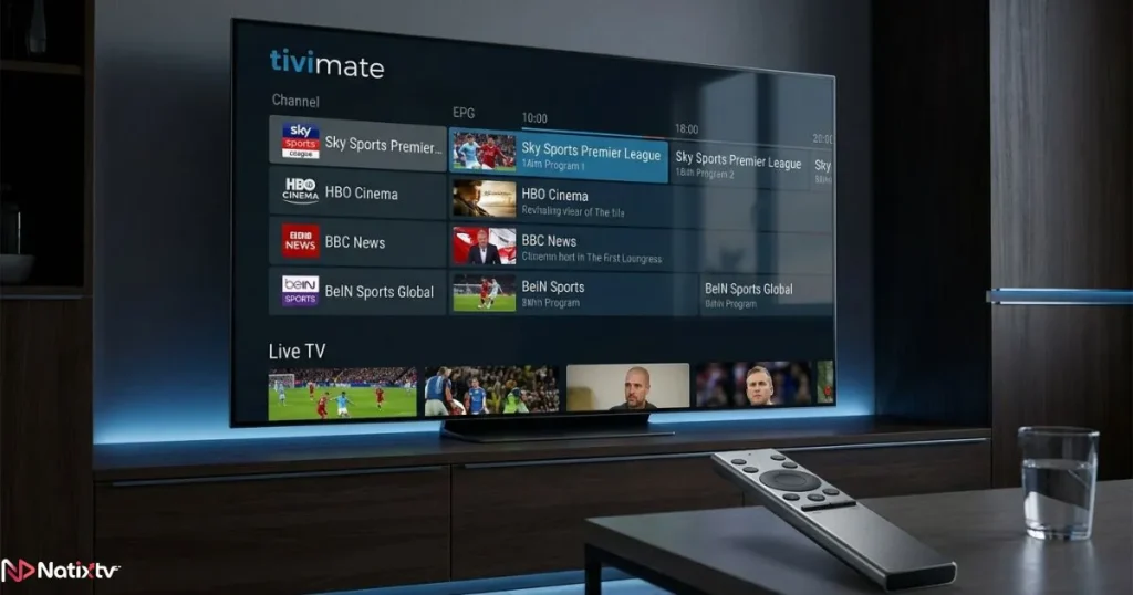 Tivimate IPTV interface with advanced channel guide and live TV navigation