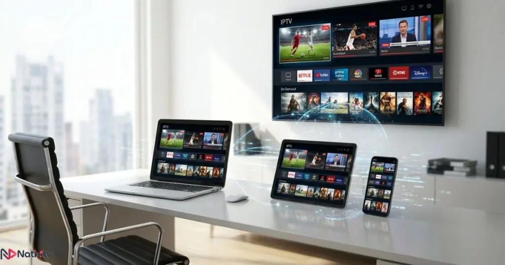 IPTV Subscription service offering live TV channels, movies, and on-demand streaming across multiple devices.