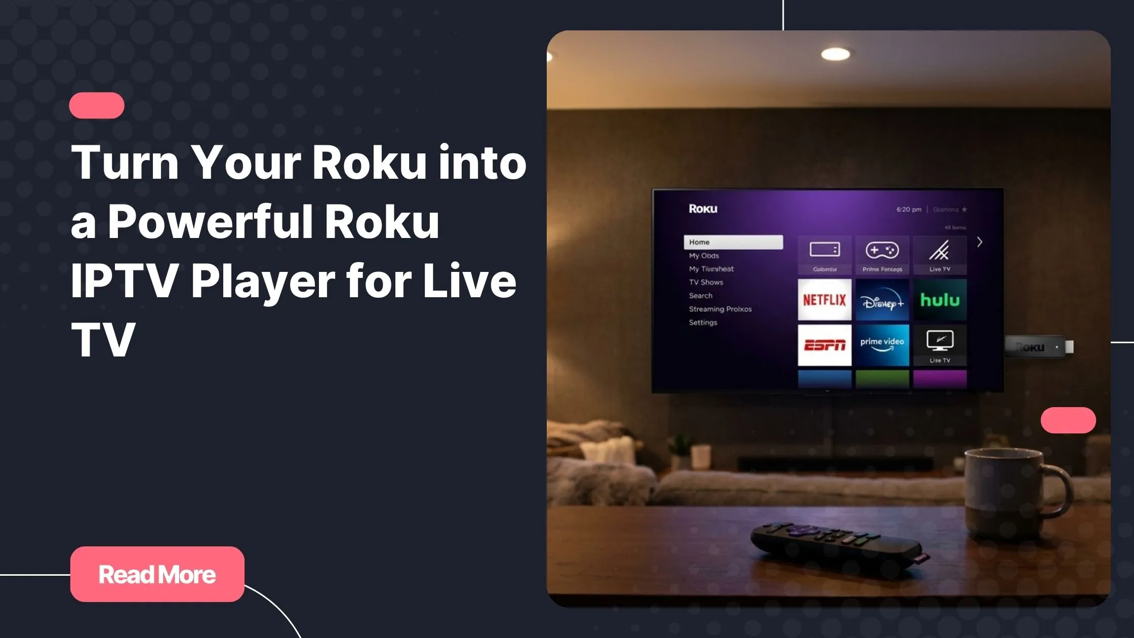 Roku streaming device connected to a 4K TV displaying the Roku home screen