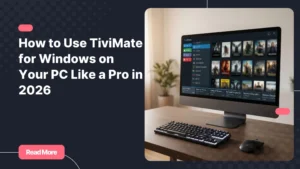 TiviMate for Windows running on a desktop PC with a full IPTV channel grid