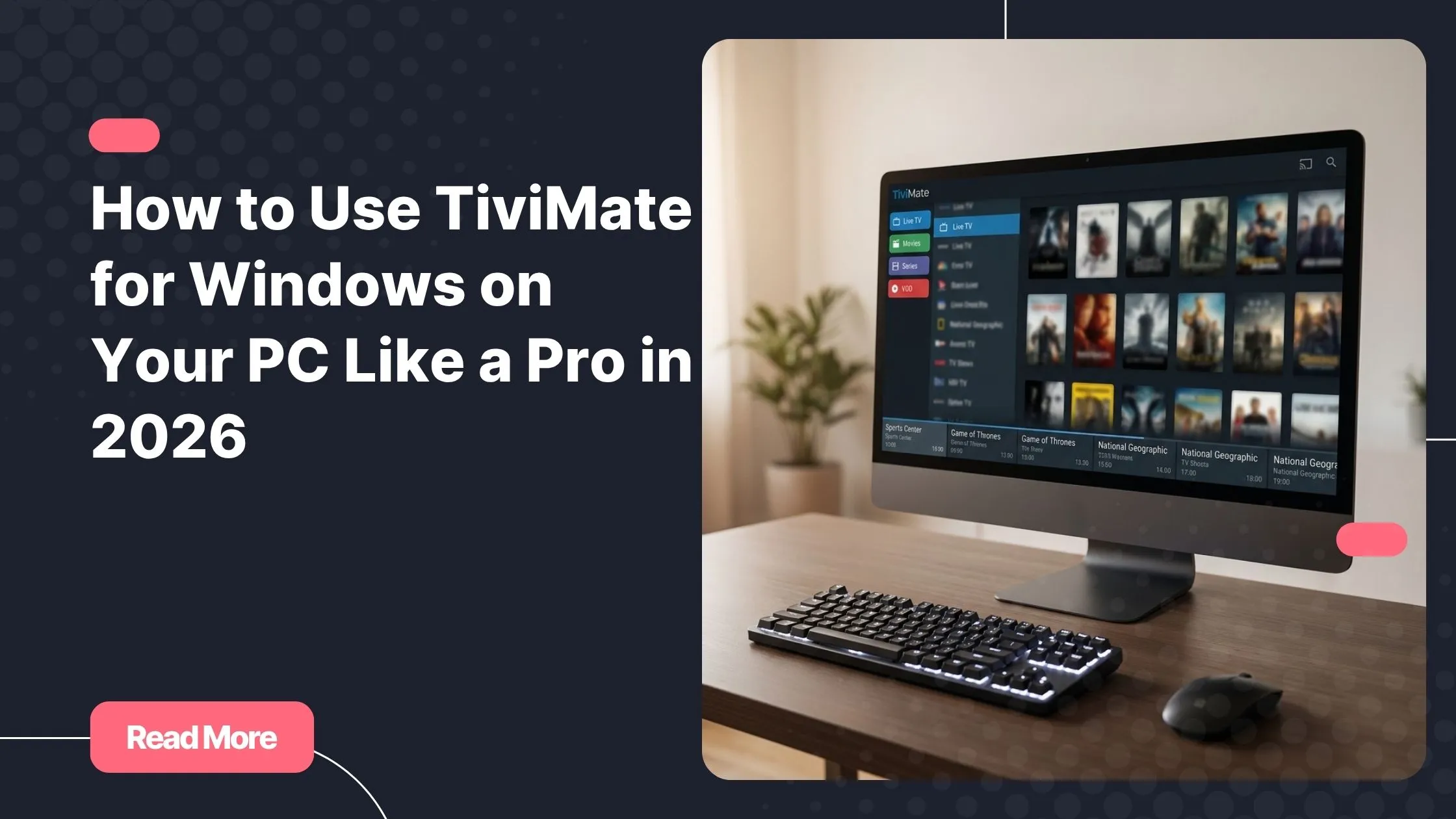TiviMate for Windows running on a desktop PC with a full IPTV channel grid