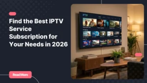 Man browsing an iptv service subscription on a Smart TV in a modern living room