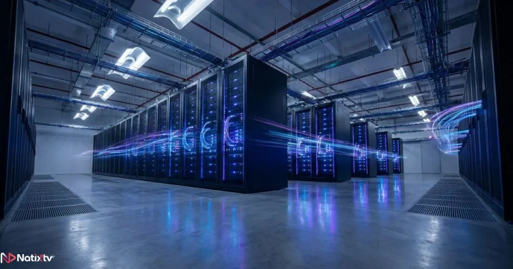 Server infrastructure powering IPTV technology with high-speed fiber optic data delivery