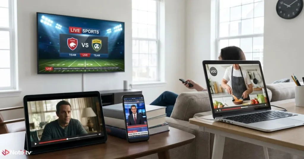 Affordable IPTV subscription running on multiple devices including smart TV, smartphone, and tablet