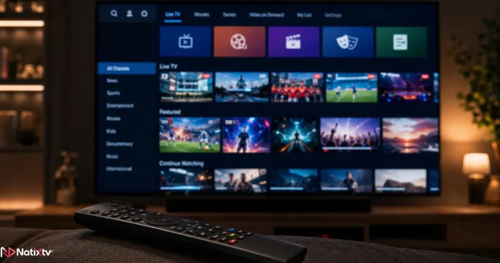 Close-up of a Samsung Smart TV remote and screen showing an IPTV subscription interface