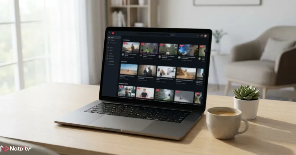 Laptop screen showing an IPTV player interface with live channels and VOD content