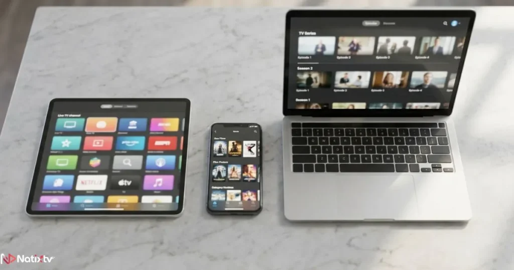 Illustration of IPTV streaming content across multiple devices with a clear service interface