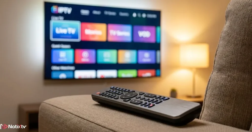 IPTV portal URL loaded on a television screen showing Live TV and VOD categories