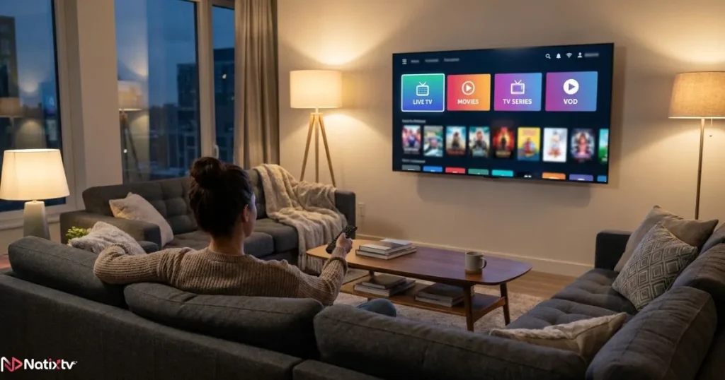 Person streaming IPTV content on a Smart TV using a modern IPTV platform at home