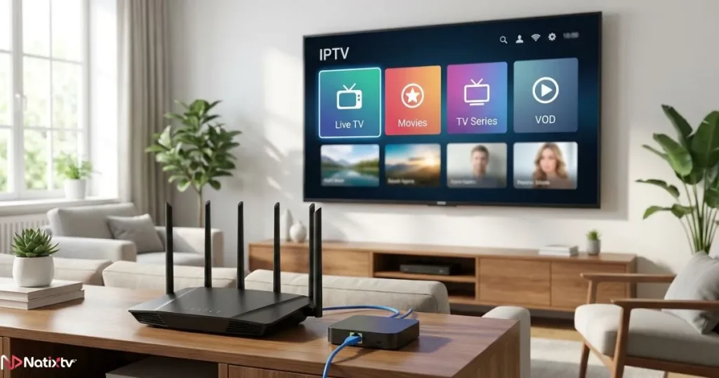 Stable IPTV performance at home with a router, Ethernet connection, and a realistic TV streaming interface.