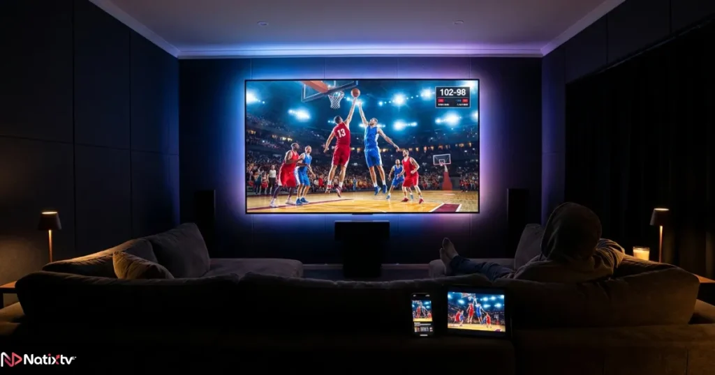 Sports IPTV multi-device streaming on TV tablet and smartphone at home