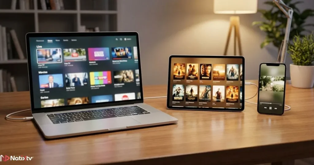 Illustration of how an IPTV player connects a subscription to multiple devices for seamless streaming