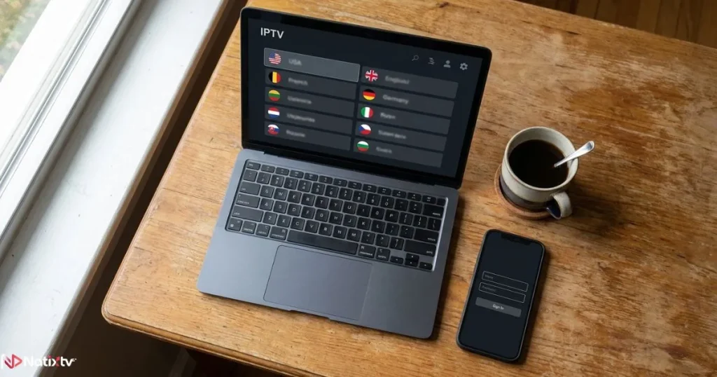 Xtream Codes app login screen visible on a laptop and smartphone on a desk