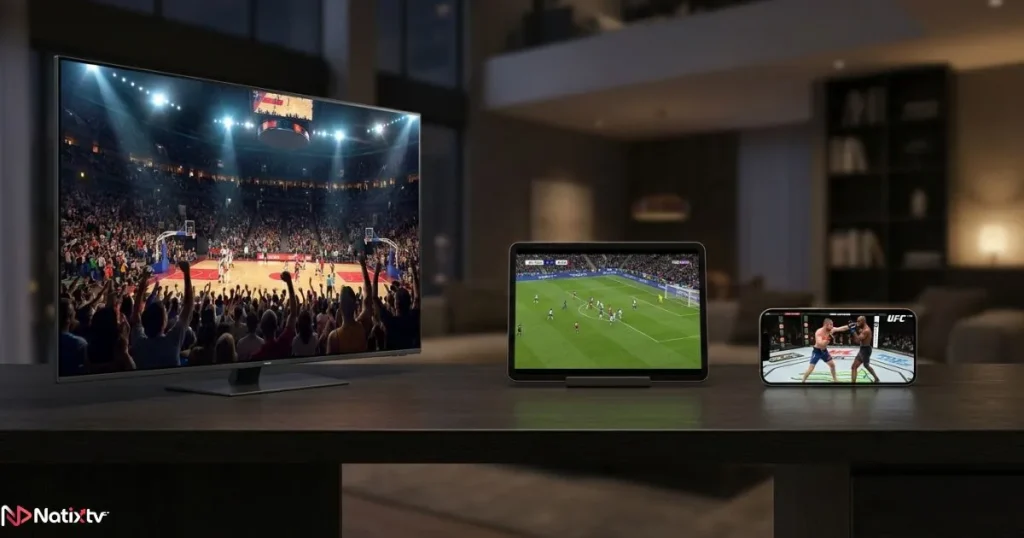 Live sports streaming on multiple devices including smart TV, tablet, and smartphone