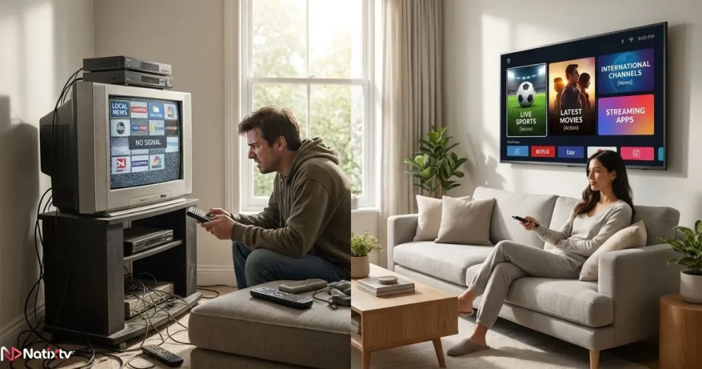 IPTV service compared with traditional cable television in a modern home